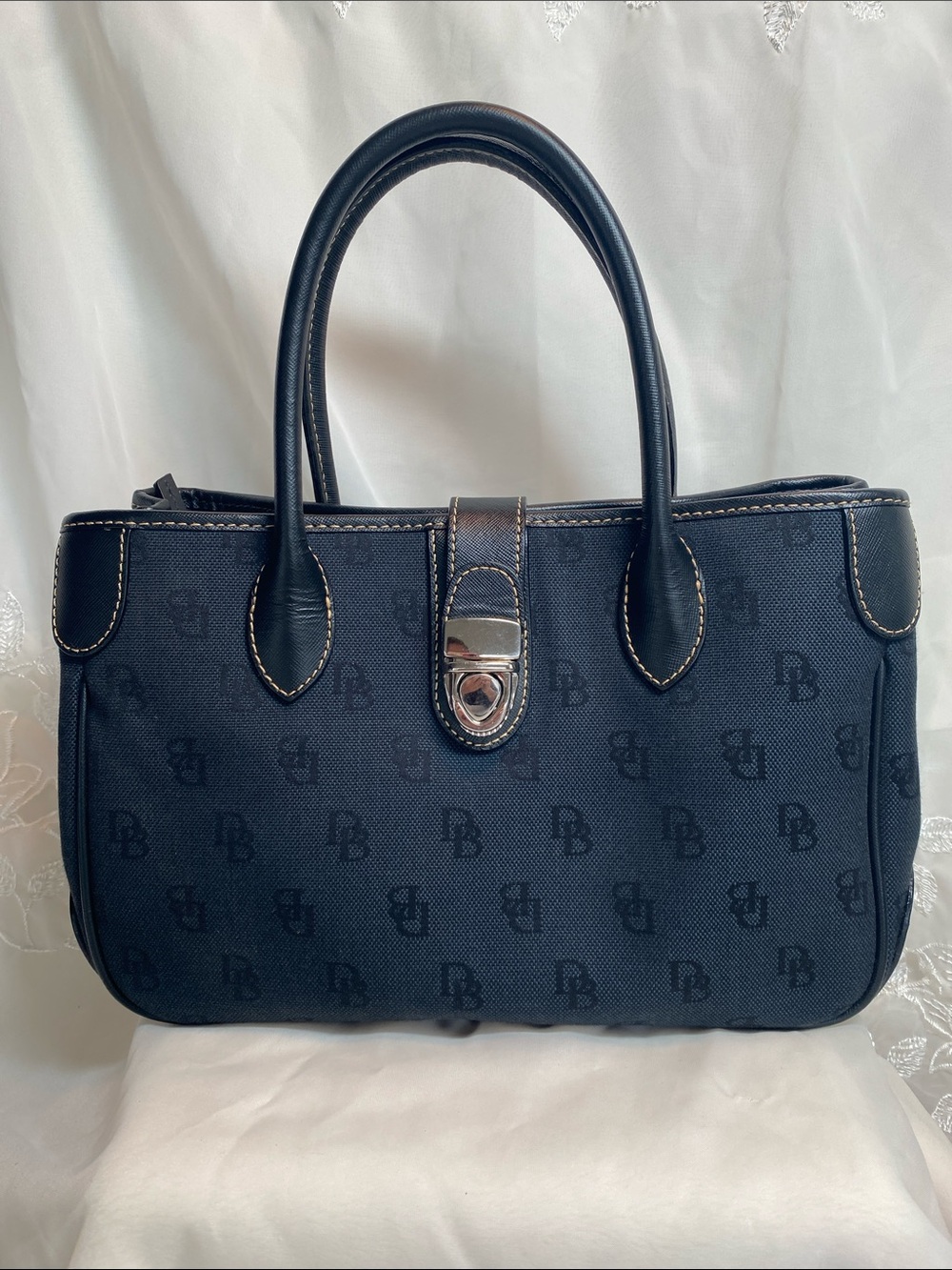 Vintage Dooney & Bourke Black Signature Double Handle Tote Bag Monogram Satchel